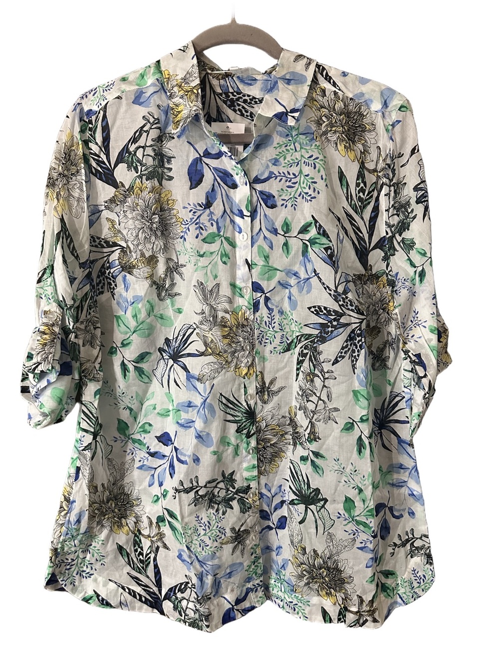 Northern Reflections White Floral Button-Down Shirt Blue & Green Leaves Sz XL